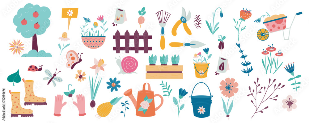 Spring decor and tools mega set in flat design. Bundle elements of trees, flowers, bucket, seeds, watering can, wheelbarrow, rake, pruner, shovel, other. Vector illustration isolated graphic objects Spring decor and tools mega set in flat design. Bundle elements of trees, flowers, bucket, seeds, watering can, wheelbarrow, rake, pruner, shovel, other. Vector illustration isolated graphic objects