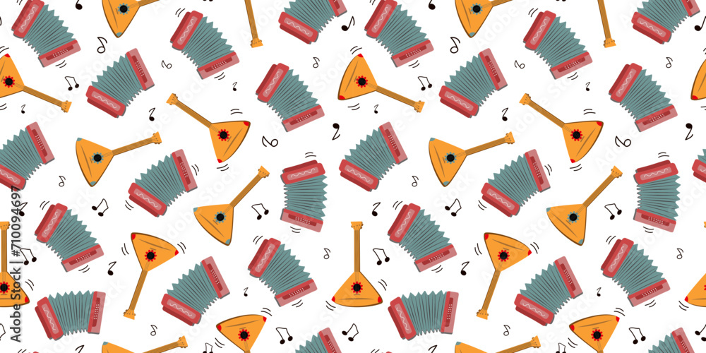 Musical instruments. Accordion, balalaika, musical notes. Seamless pattern. Plays the harmonica. Russian traditions, folklore. Song, music. Cartoon Drawing, doodle. Vector background.