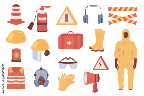 Protective equipment mega set in flat design. Bundle elements of security workwear and tools, helmet, rubber boots, gloves, safety suit, respirator, other. Vector illustration isolated graphic objects