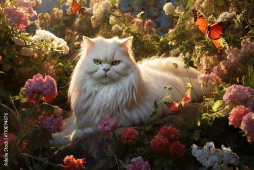 Fluffy Persian cat in sun-dappled garden