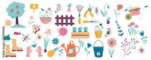 Spring decor and tools mega set in flat design. Bundle elements of trees, flowers, bucket, seeds, watering can, wheelbarrow, rake, pruner, shovel, other. Vector illustration isolated graphic objects