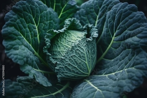 Closeup of growing savoy cabbage in garden. Generative AI photo