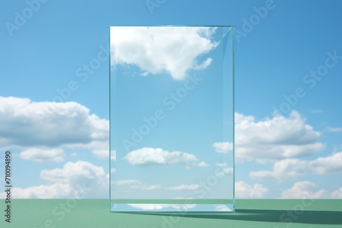 Square mirror with reflection of blue sky and white clouds