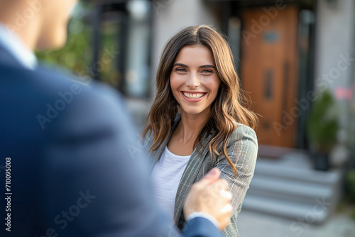 Woman Smiling and Shaking Hands With Man at a Real Estate Deal © Nedrofly