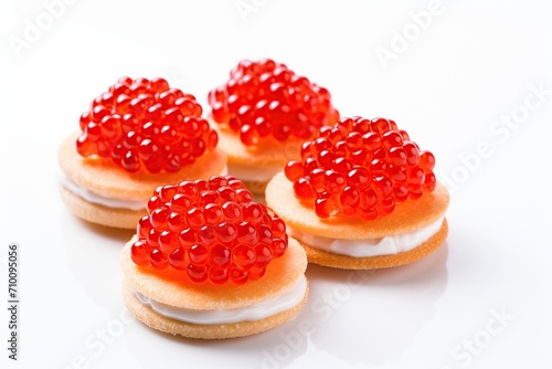 Canape with fresh red caviar on white background