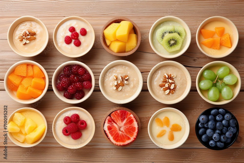 Flat lay of bowls with baby food and different fruits on wooden background