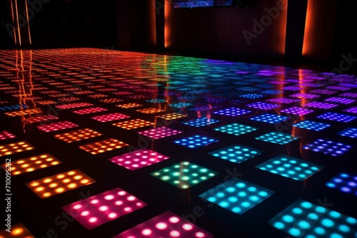 Vibrant dancefloor illumination creating a three-dimensional optical effect. Generative AI