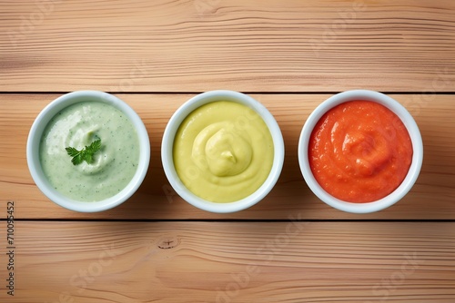 Flat lay of bowls with baby food on wooden background