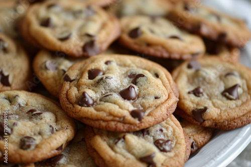 Delicious chocolate chip cookies close-up, tasty sugary dessert