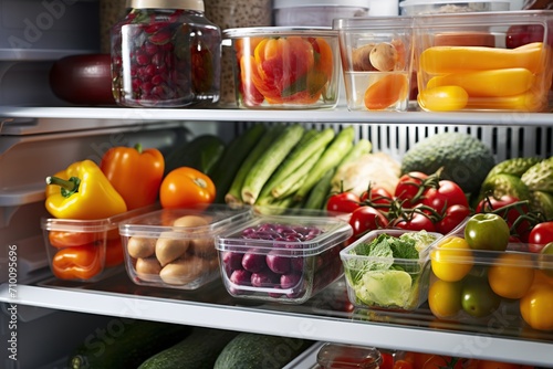 Open refrigerator filled with fruits and vegetables