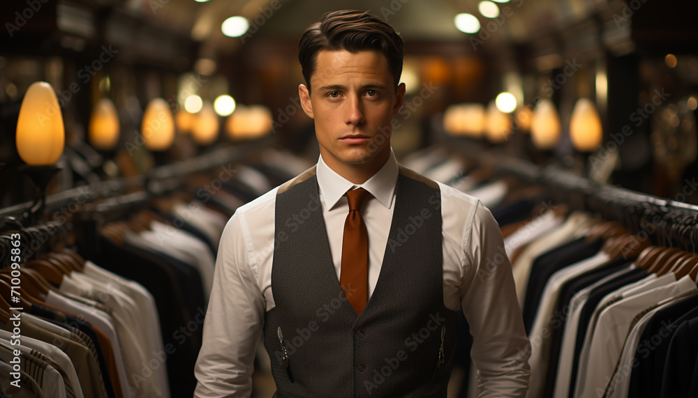 Fototapeta premium Young adult businessman in elegant suit at clothing store generated by AI