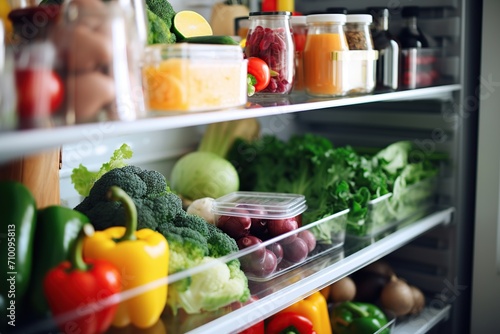 Open refrigerator filled with fruits and vegetables