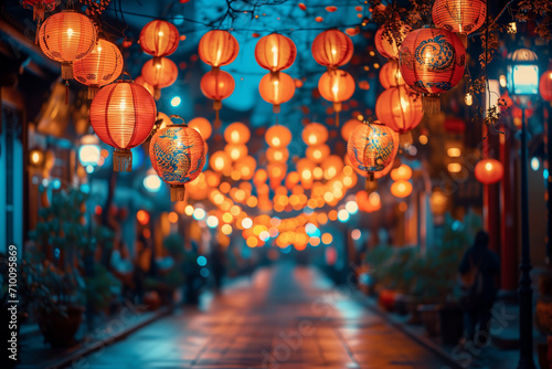 Chinese holiday, A vibrant celebration of culture and tradition, bustling streets adorned with red lanterns and dragon motifs.