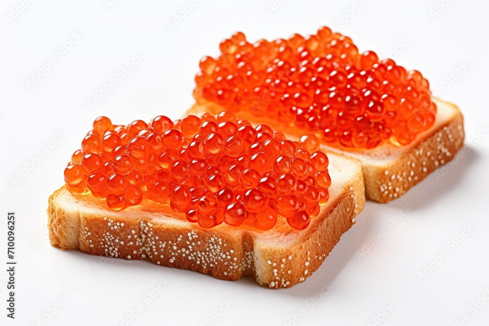 Bread with fresh red caviar on white background