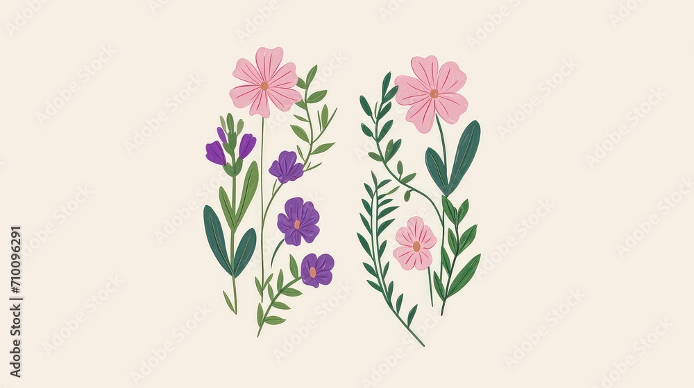 elegant floral arrangements painted in watercolor on a soft pastel purple background. Each composition consists of flowers in shades of purple and blue.