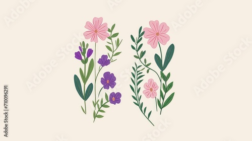 elegant floral arrangements painted in watercolor on a soft pastel purple background. Each composition consists of flowers in shades of purple and blue.