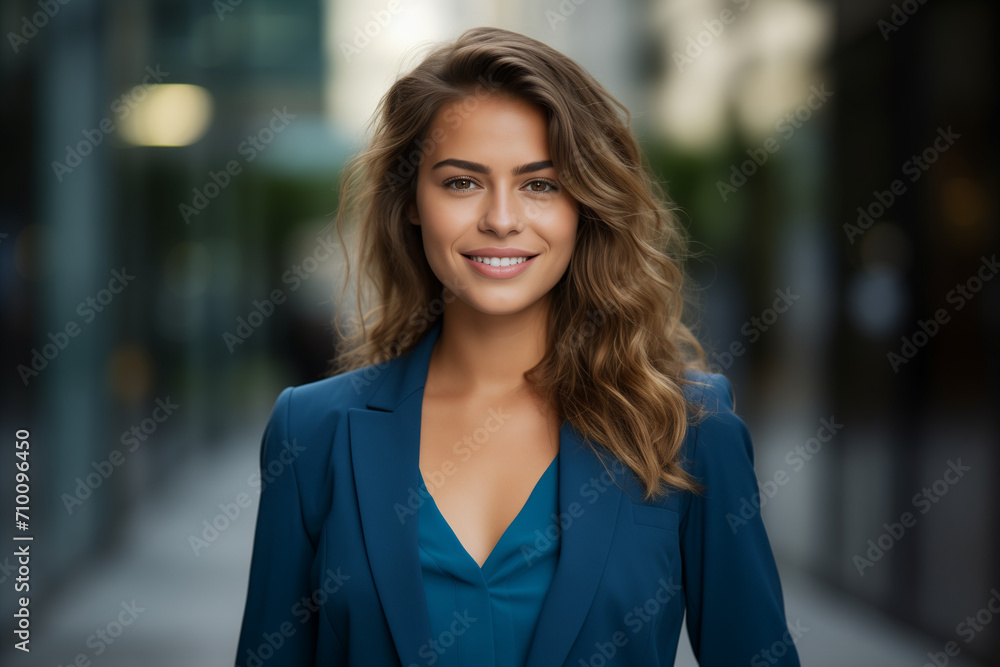 Smiling businesswoman in a blue business suit on a city street. Smiling businesswoman in a blue business suit on a city street.