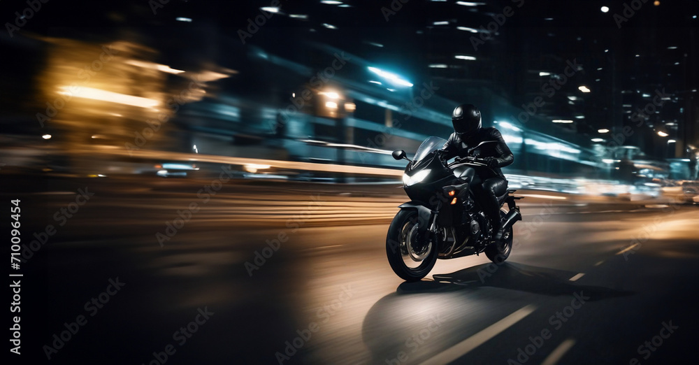 fast motorcycle race through the night city, a sports motorcycle and a motorcyclist in a uniform and helmet