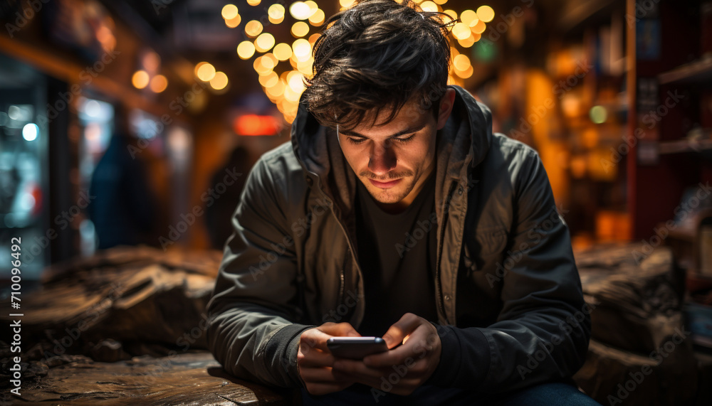 Smiling man texting on phone, enjoying city night generated by AI Smiling man texting on phone, enjoying city night generated by AI