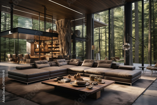 An open living room in the middle of the forest.
