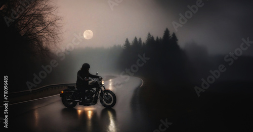 biker rides a custom chopper motorcycle at night along a road in the fog. photo