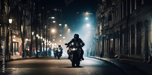fast motorcycle race through the night city, a sports motorcycle and a motorcyclist in a uniform and helmet
