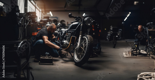 repair and maintenance of a custom motorcycle in the service, a male master repairs a motorcycle.