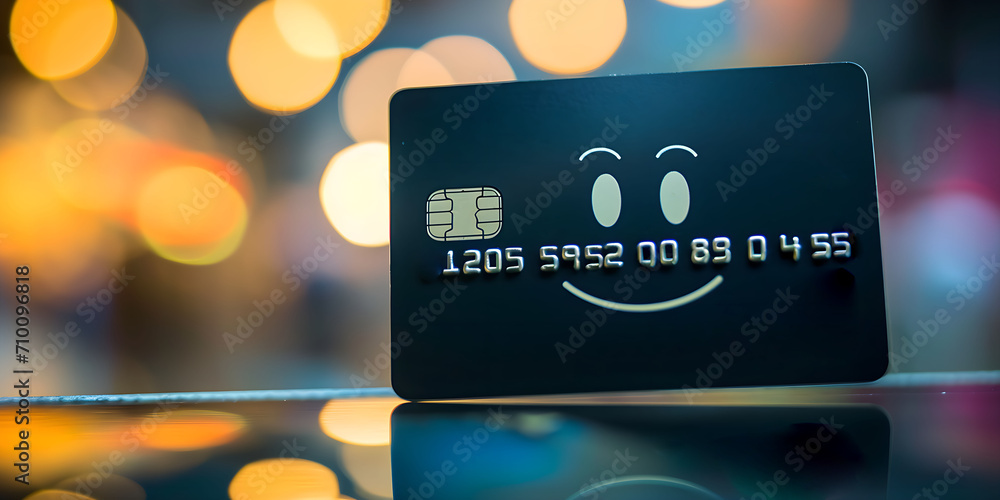 Bank card with happy face, bokeh lights background Bank card with happy face, bokeh lights background