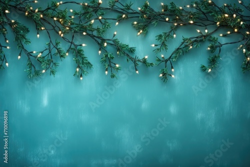 Soft Christmas lights from a garland with Christmas tree branches on a peach background