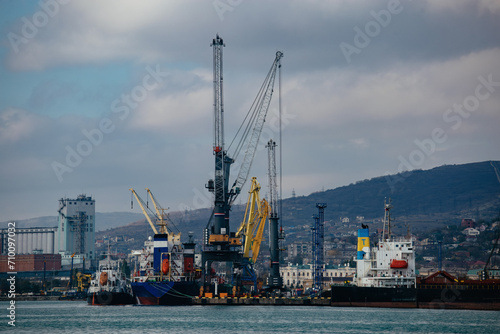 Commercial port terminal with cargo cranes in Novorossiysk