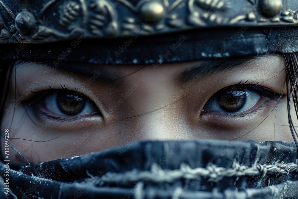 Close-up of a female samurai's eyes reflecting a battlefield, conveying courage and wisdom, intense and profound, smoky background Close-up of a female samurai's eyes reflecting a battlefield, conveying courage and wisdom, intense and profound, smoky background