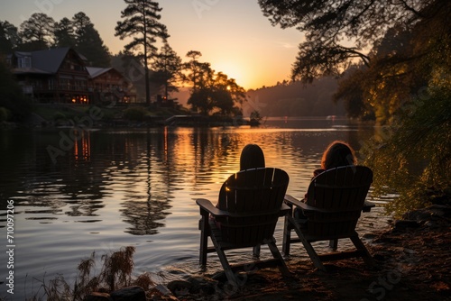 Couple relaxes in the lakeside retreat, mountains in the background., generative IA