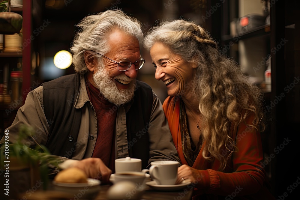Happy couple enjoys lively conversation in a welcoming cafeteria., generative IA Happy couple enjoys lively conversation in a welcoming cafeteria., generative IA