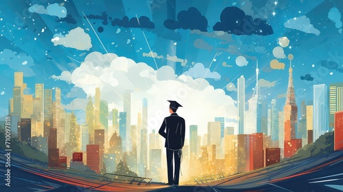 Graduated man standing in front of city, cartoon style © Rasheeda