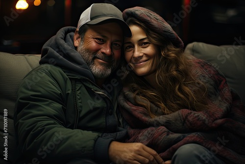 Caring couple sharing movie under blanket., generative IA