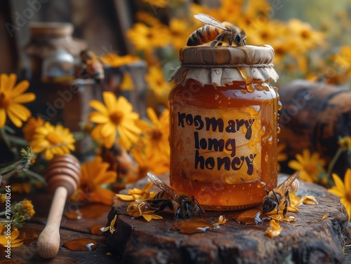 Frasco de miel de romero, abejas productoras de miel, jalea real, propóleos, en la imagen vemos una abeja sobre un envase de miel, fondo floreado. Rosmary honey bee