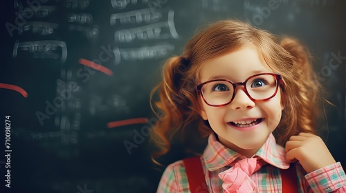 Portrait of cute little girl smiling at camera against blackboard in classroom