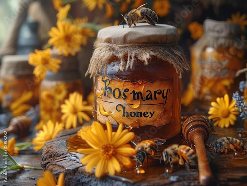 Miel de romero envasada, abejas productoras de miel, jalea real, propóleos, en la imagen vemos una abeja sobre un envase de miel, fondo floreado. Rosmary honey bee photo