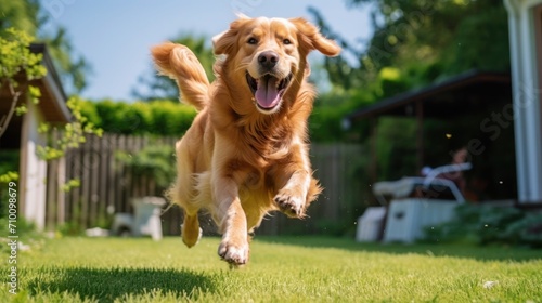 happy golden retriever jumping on the lawn at a sunny day