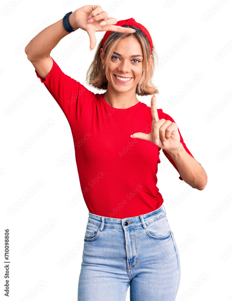 Beautiful caucasian woman wearing casual clothes and red diadem smiling making frame with hands and fingers with happy face. creativity and photography concept. Beautiful caucasian woman wearing casual clothes and red diadem smiling making frame with hands and fingers with happy face. creativity and photography concept.