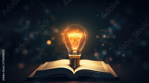 Open book with glowing light bulb on dark background