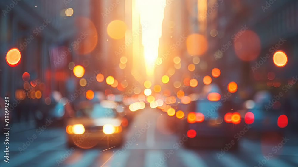 Blurred background with bokeh of New York street, dusk, evening street with taxis, cars and lit lights