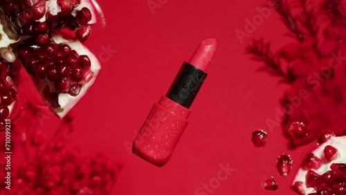 Lipstick on pink background top view close-up. Art composition of roses and fruits with waves of water. Cosmetology and make up photo