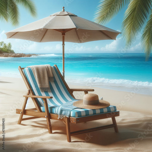 beach chair with hat and towel on the beach. 3d rendering © Valeryi