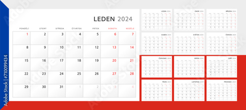 Calendar 2024 in in Czech. Wall quarterly calendar for 2024 in classic minimalist style. Week starts on Monday. Set of 12 months. Corporate Planner Template. A4 format horizontal. Vector graphics