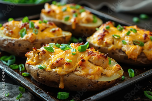 Closeup few baked potatoes stuffed with chicken, green onions and cheddar cheese on baking tray photo
