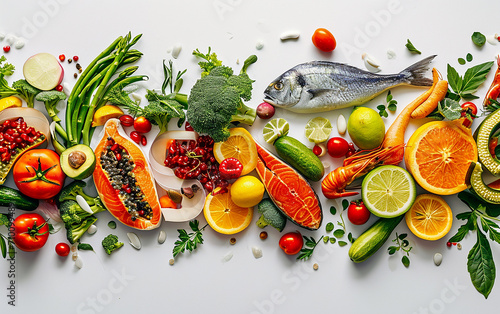 Tendências alimentares do ano novo de 2024. Ano Novo 2024 feito de vegetais, frutas e peixes em fundo branco
