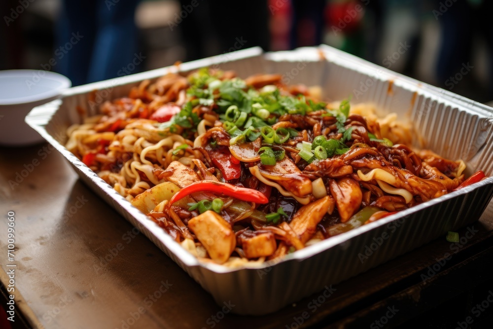 Chinese noodles with chicken and vegetables in cardboard box on table in street eatery, concept fast take-away street food
