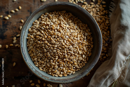 spelt groat raw in bowl on wooden countertop top view