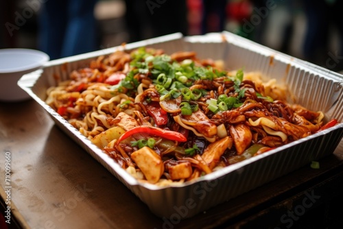 Chinese noodles with chicken and vegetables in cardboard box on table in street eatery, concept fast take-away street food